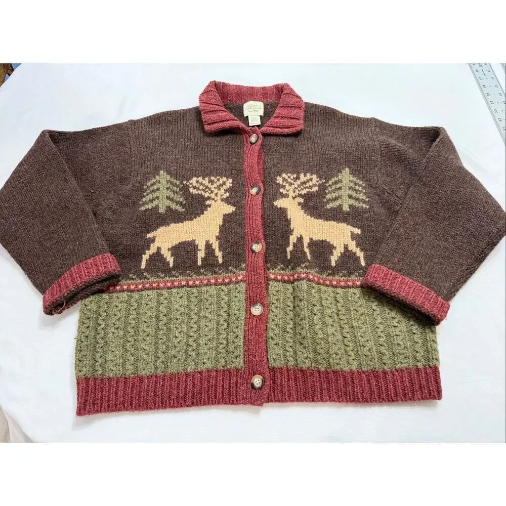 G.H. Bass & Co. Vintage Wool Moose Brown Sweater Cardigan Size Large